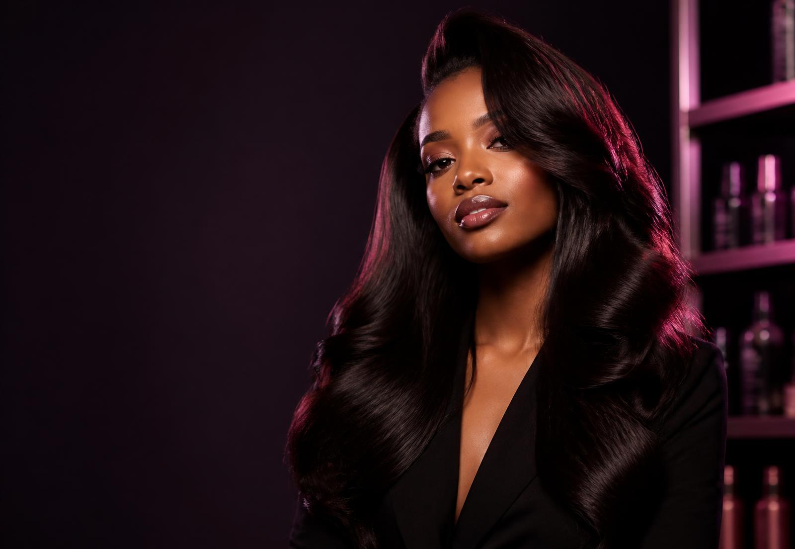 Model with long glossy wig hair at a RISE Beauty Supply counter